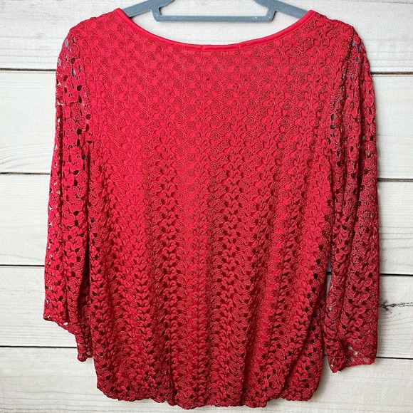 ROZ & ALI Women's Crochet Lace Top 3/4 Bell Sleeve Red-Medium - Picture 5 of 7